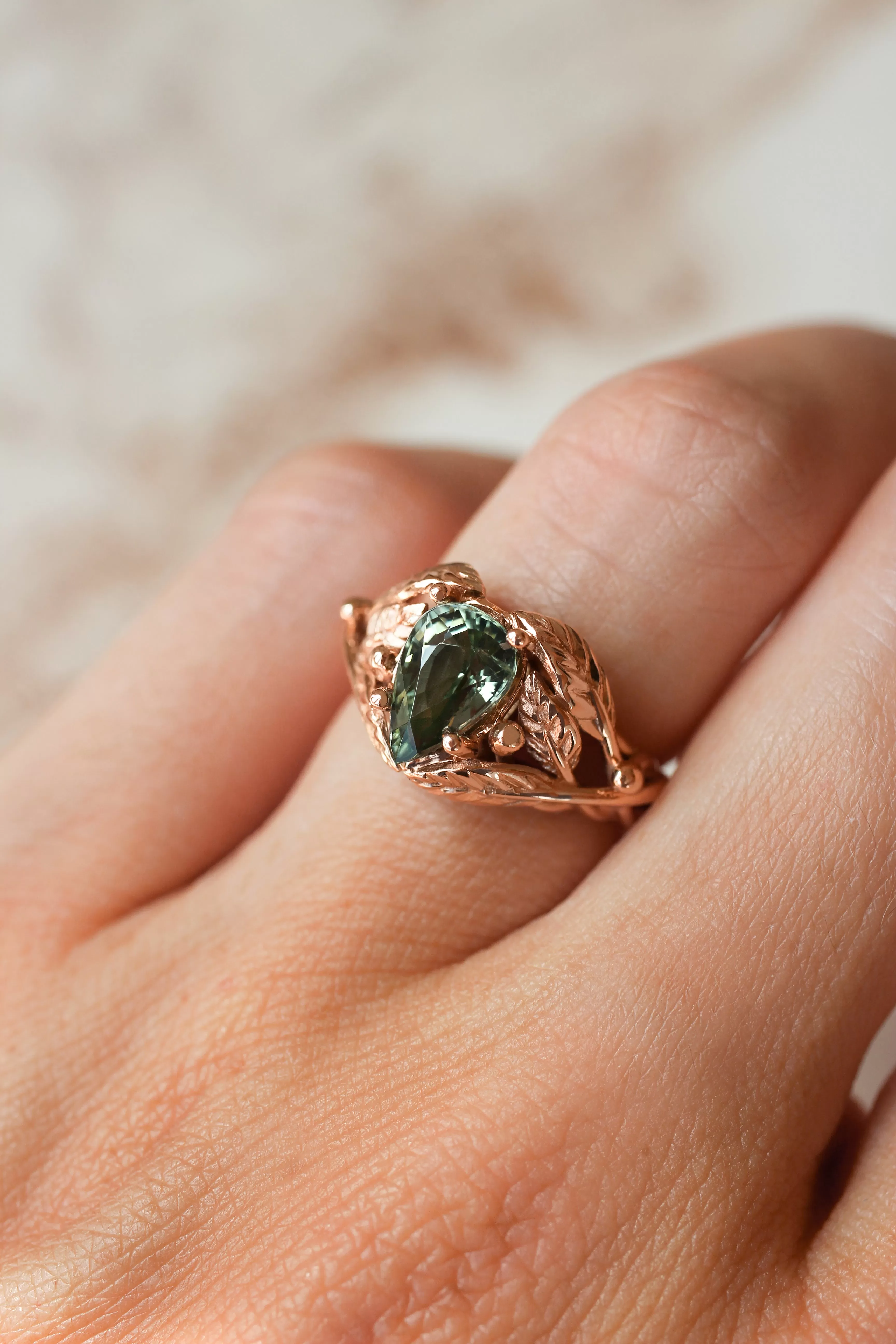 Green tourmaline leaves ring, pear cut engagement ring / Viola