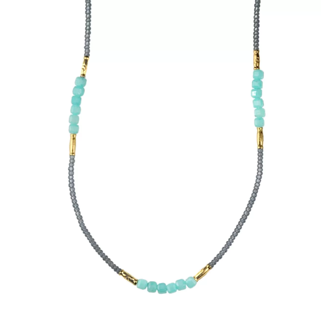 Grey Seed Bead Necklace with Amazonite & Gold Vermeil Stations