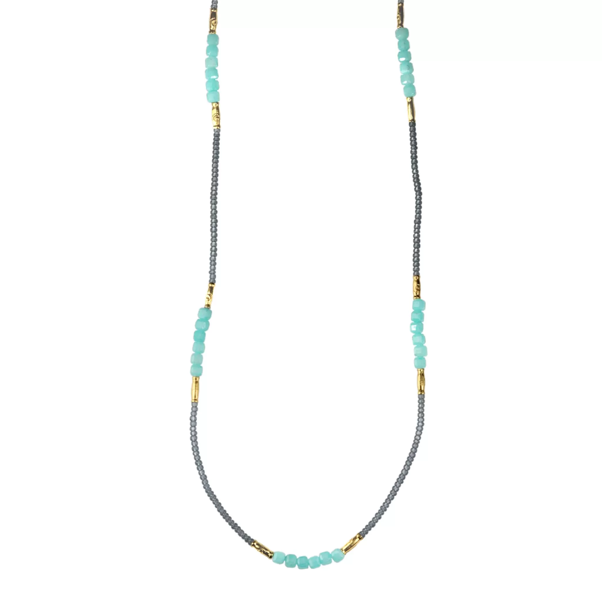 Grey Seed Bead Necklace with Amazonite & Gold Vermeil Stations