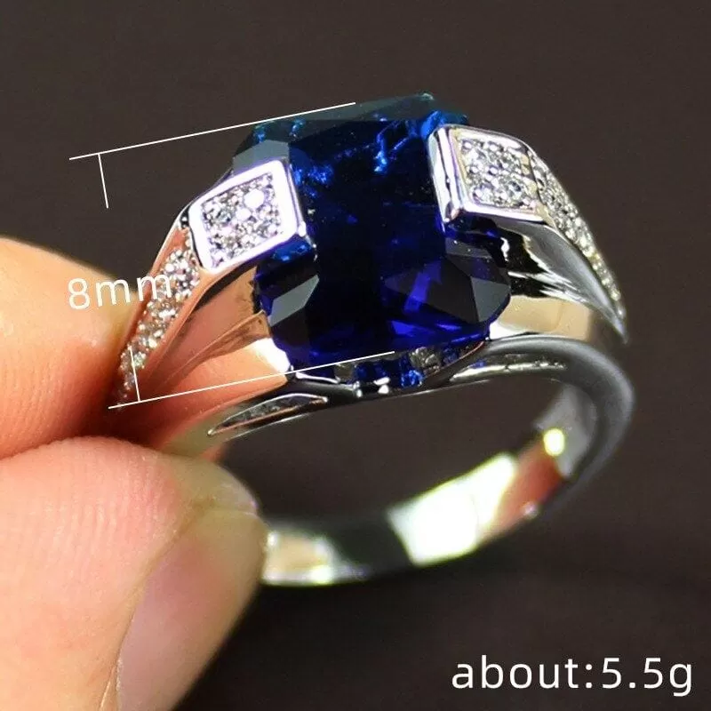 Index Finger Male Blue CZ Sapphire Ring - 925 Sterling Silver