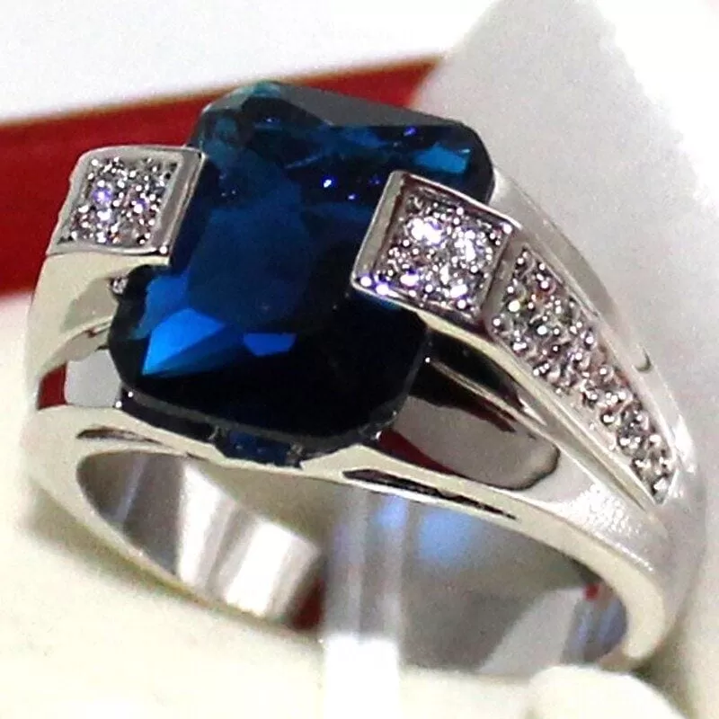 Index Finger Male Blue CZ Sapphire Ring - 925 Sterling Silver