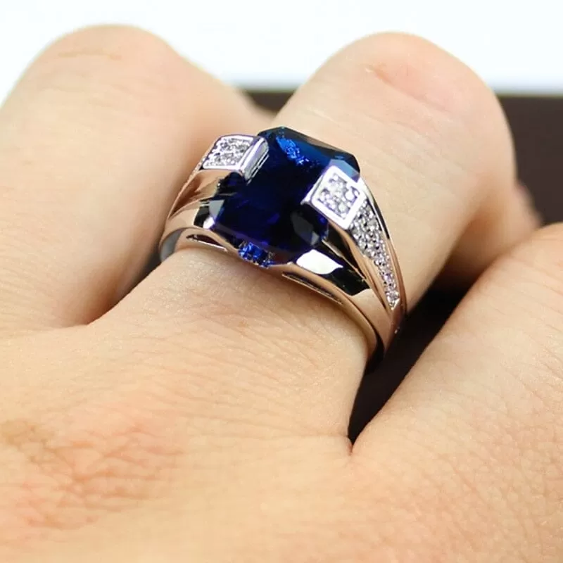 Index Finger Male Blue CZ Sapphire Ring - 925 Sterling Silver