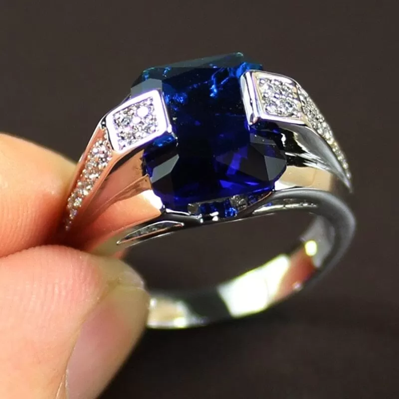 Index Finger Male Blue CZ Sapphire Ring - 925 Sterling Silver