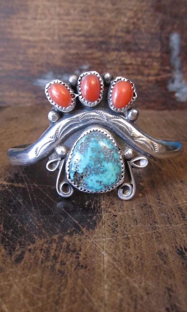 INDIAN SUMMER Silver, Coral, and Turquoise Southwestern Cuff