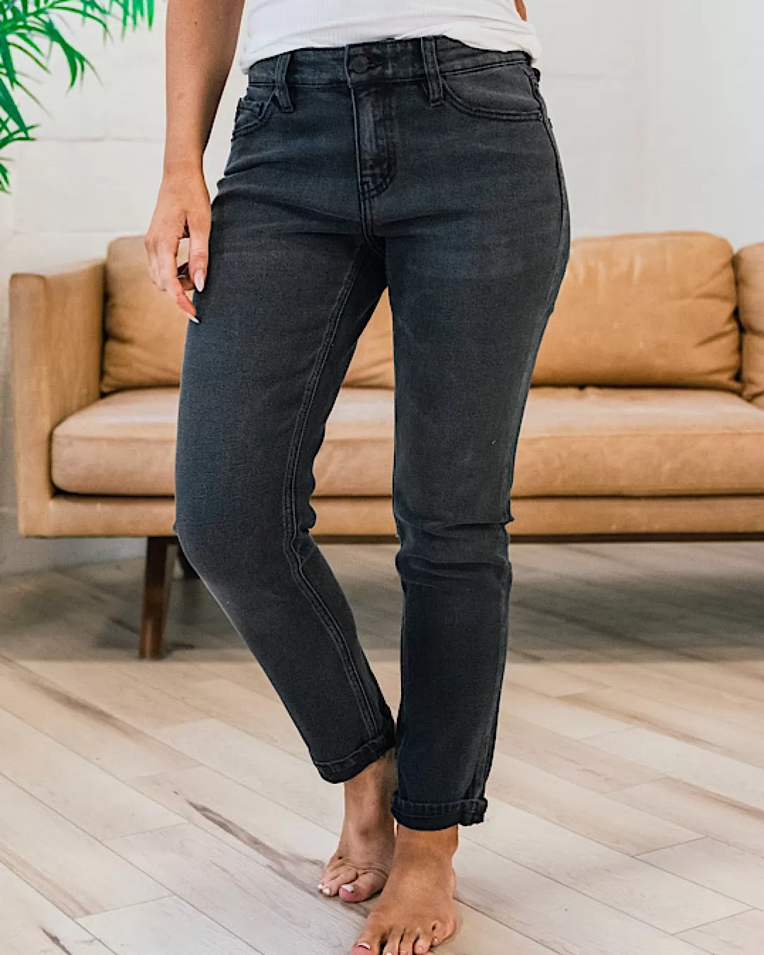 KanCan Lyla Faded Black Roll Hem Jeans