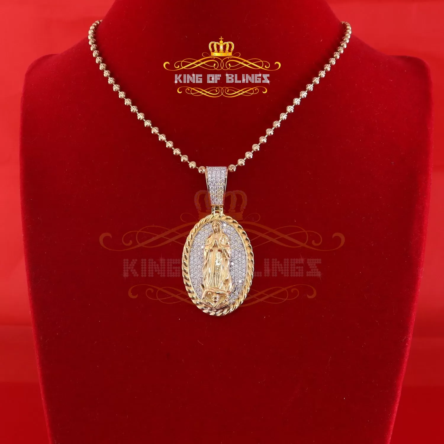 King Of Bling's 3D Silver VVS IF D Moissanite 5.00CT Oval Guadalupe Virgin Mary Yellow Pendant