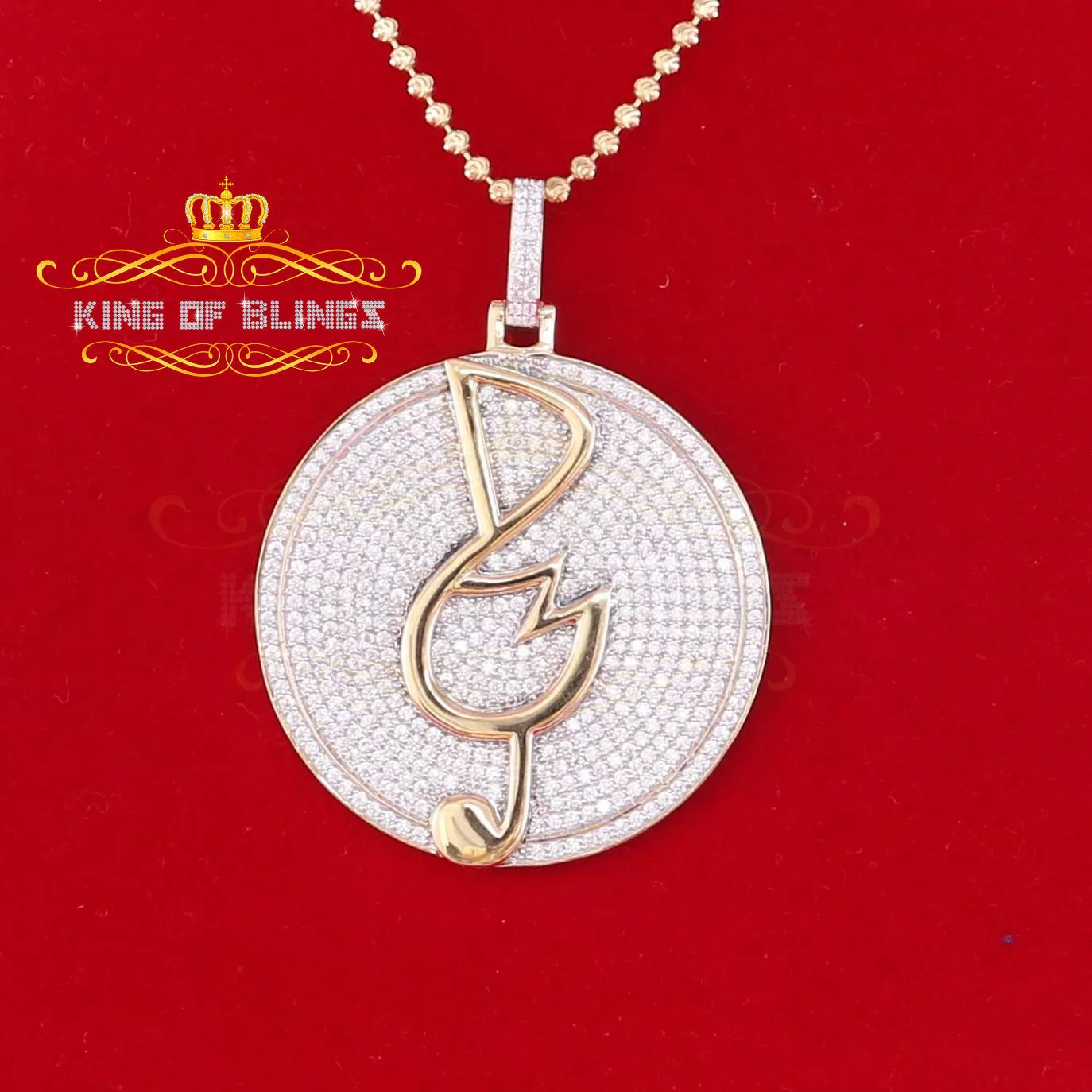 King Of Bling's Yellow 925 Sterling Silver Circle Music Sign Pendant with 3.74ct Cubic Zirconia