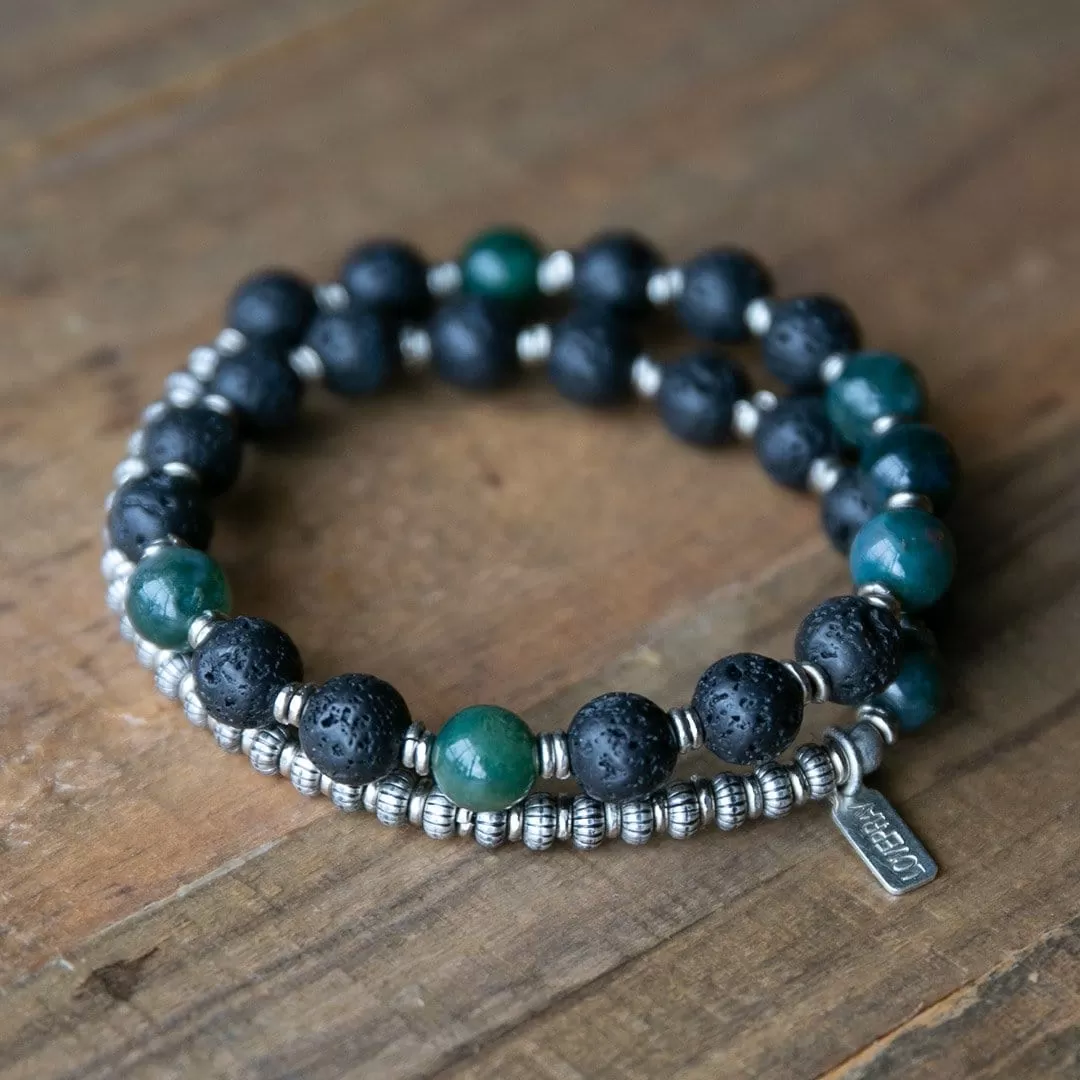 Lava Rock and Moss Agate Men's Wrap Bracelet, Heart Chakra Bracelet