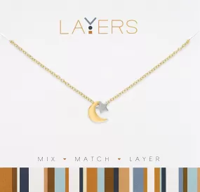 Luminous Harmony: Gold Two-Tone Moon & Star Adjustable Layers Necklace - Clasp-Free, Drawstring Adjuster, 13" to 34"