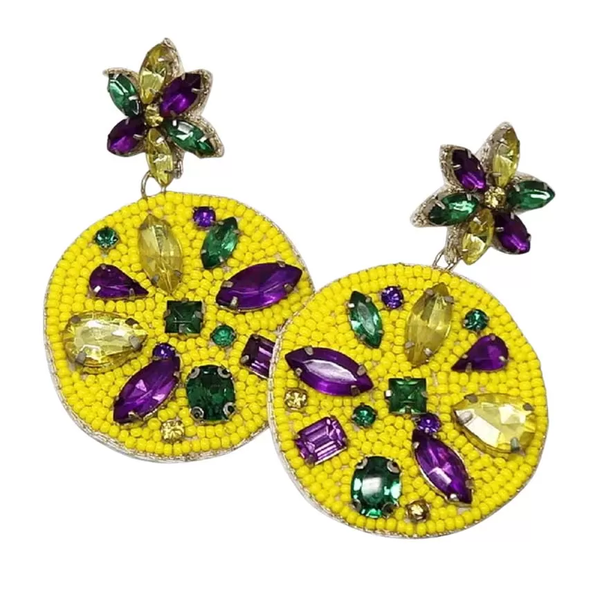 Mardi Gras Glass Stone Embellished Seed Bead Disc Earrings