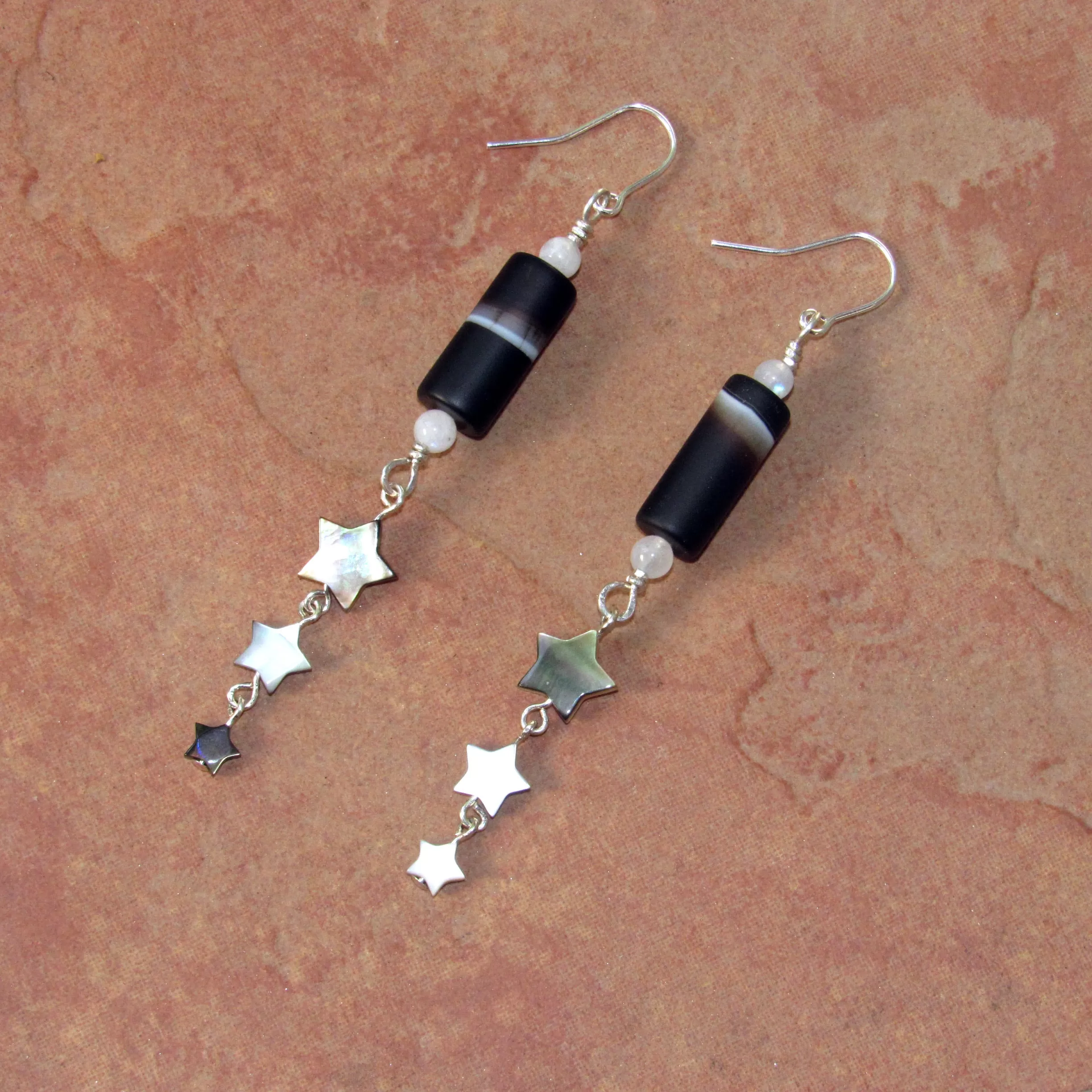 Matte Black Agate, Moonstones, Sterling Silver, Mother of Pearl Drop Earrings