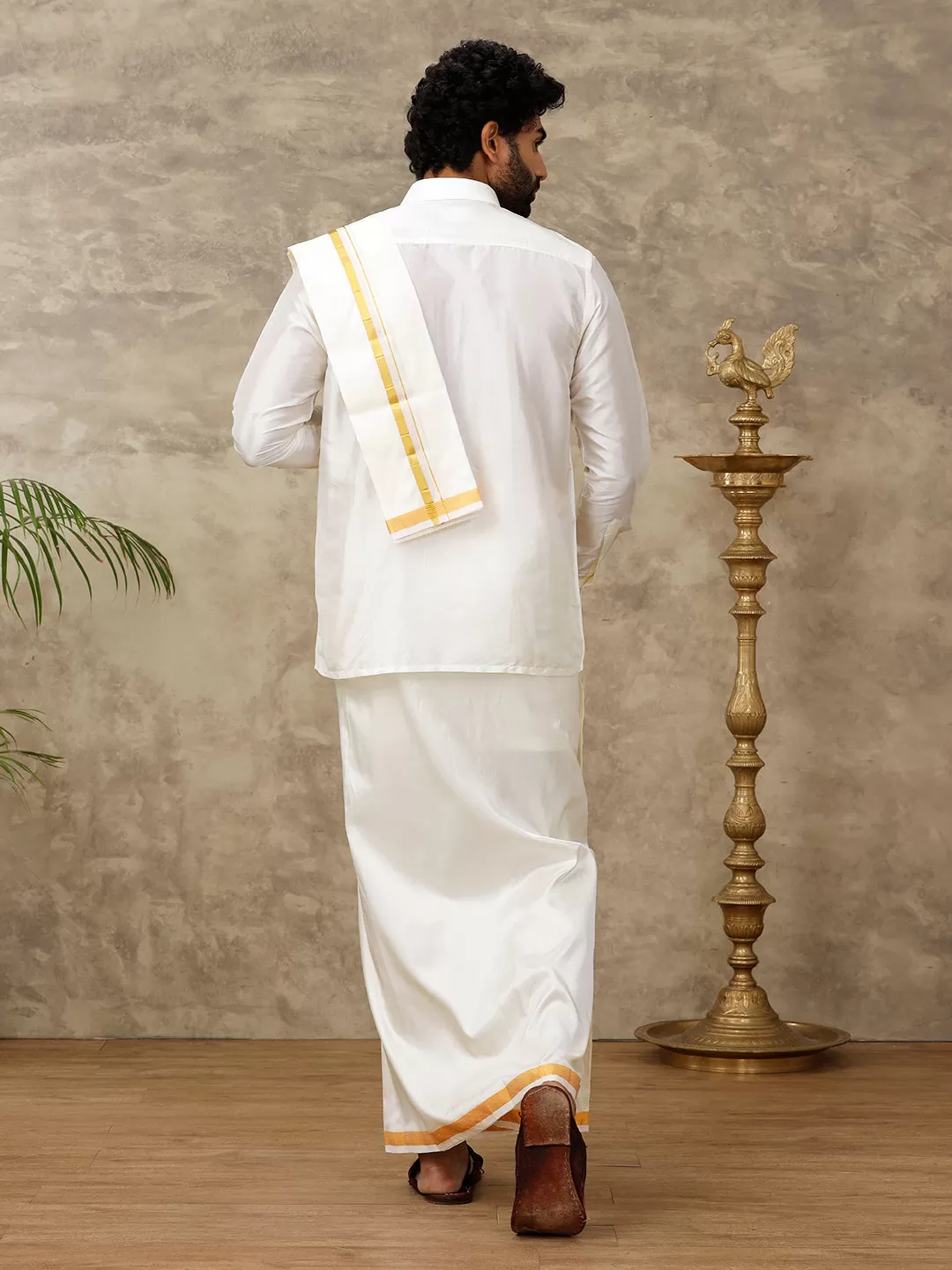 Men Cream Art Silk Full Sleeves Shirt, Double Dhoti with Towel Combo