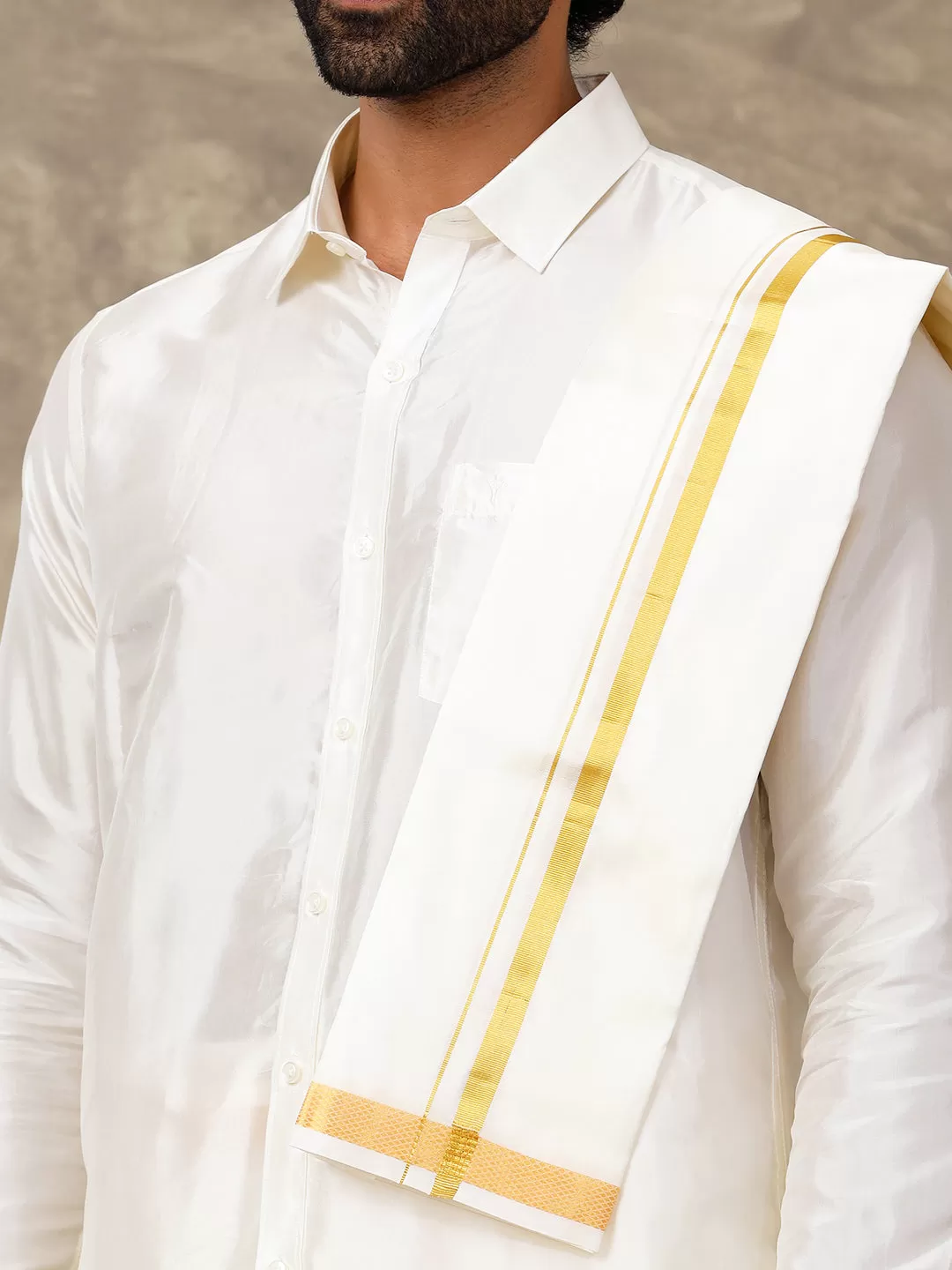 Men Cream Art Silk Full Sleeves Shirt, Double Dhoti with Towel Combo