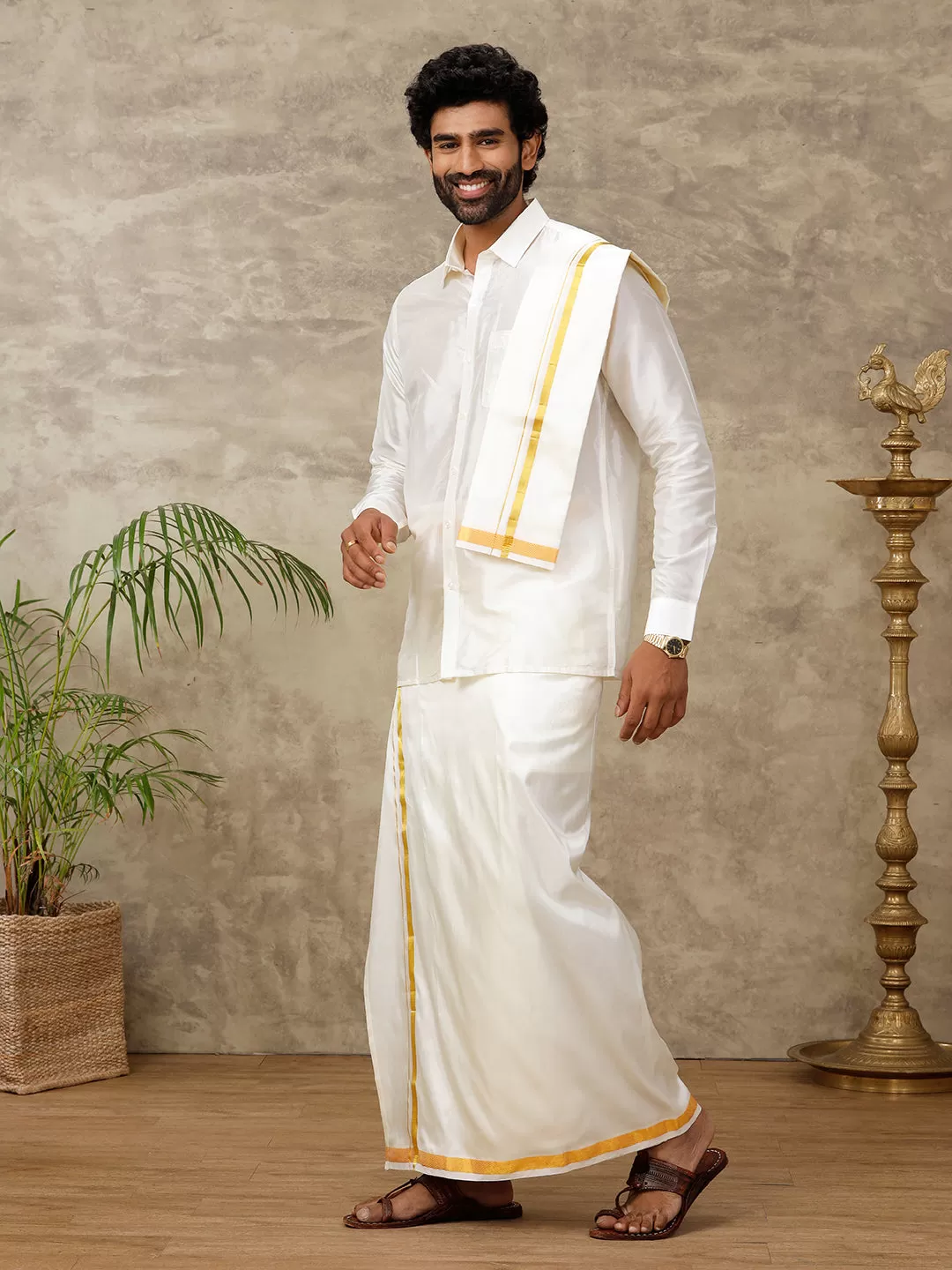 Men Cream Art Silk Full Sleeves Shirt, Double Dhoti with Towel Combo