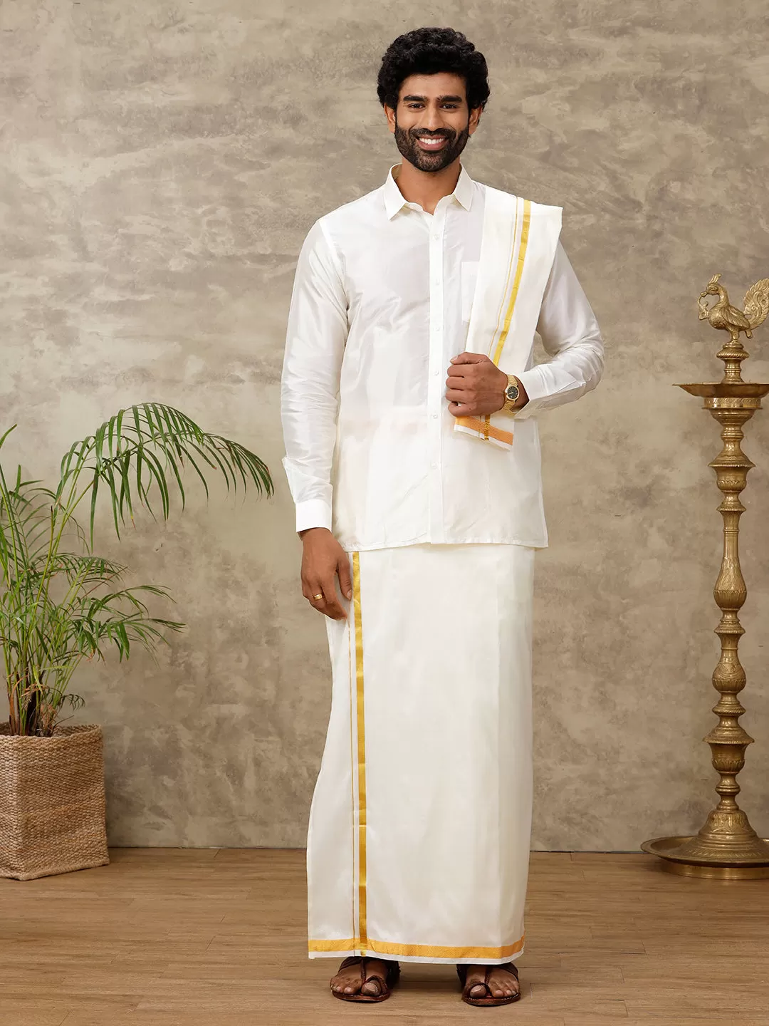 Men Cream Art Silk Full Sleeves Shirt, Double Dhoti with Towel Combo