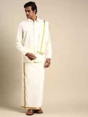 Men Cream Full Sleeves Shirt 1 inch Gold Jari Adjustable Double Dhoti & Towel Combo