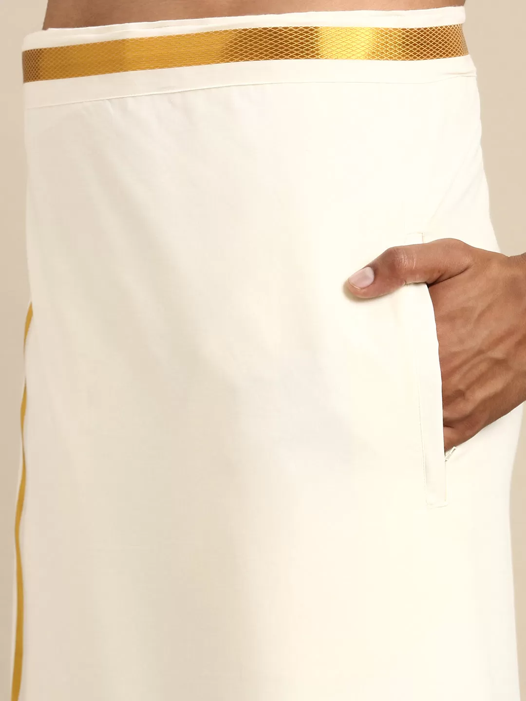 Men Cream Full Sleeves Shirt 1 inch Gold Jari Adjustable Double Dhoti & Towel Combo