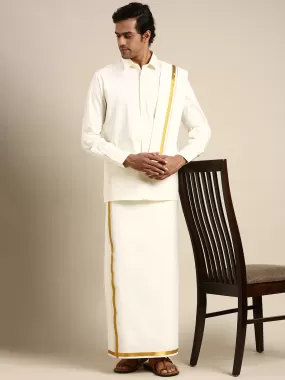 Men Cream Full Sleeves Shirt 1 inch Gold Jari Adjustable Double Dhoti & Towel Combo