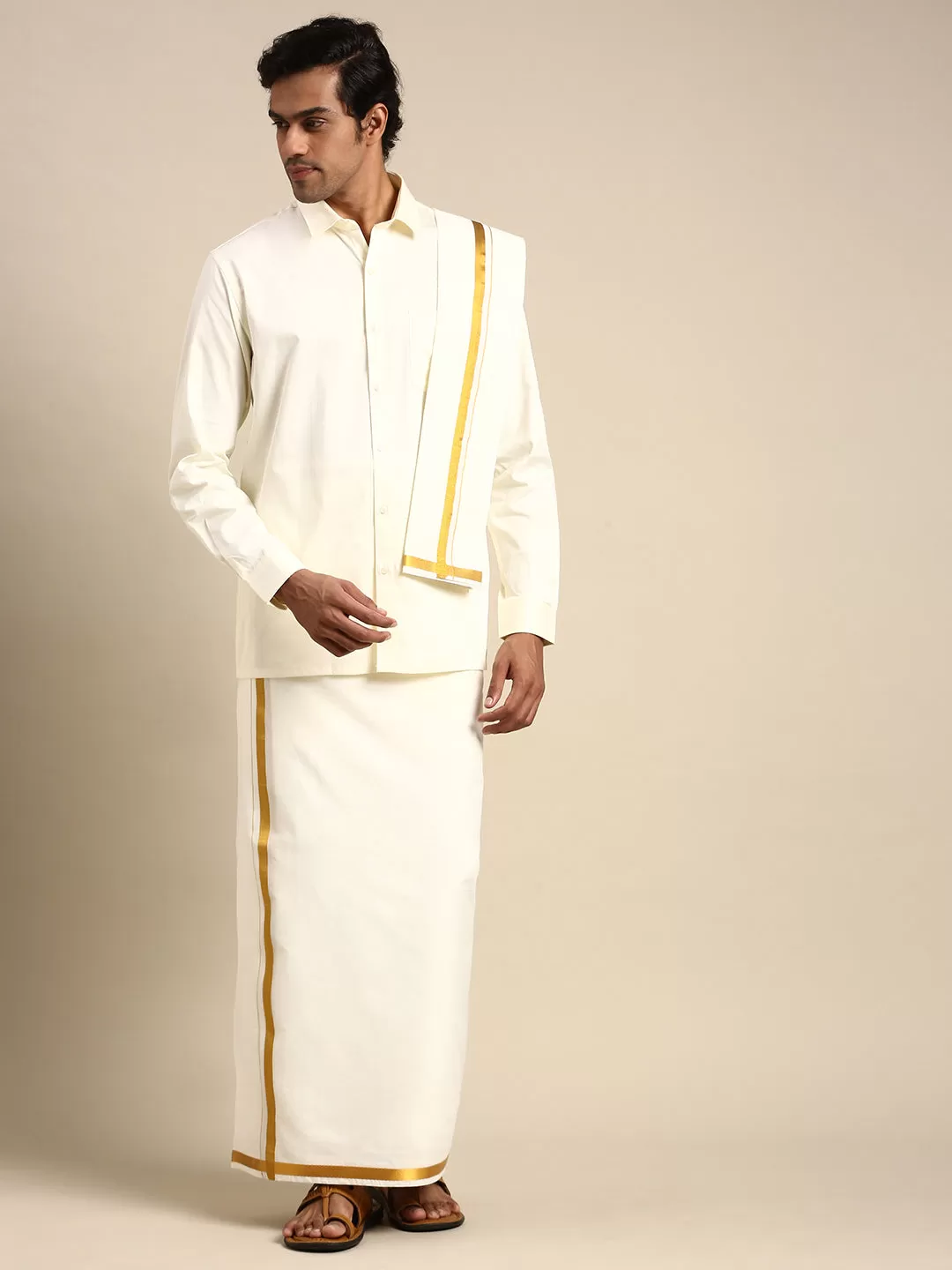 Men Cream Full Sleeves Shirt 1 inch Gold Jari Adjustable Double Dhoti & Towel Combo