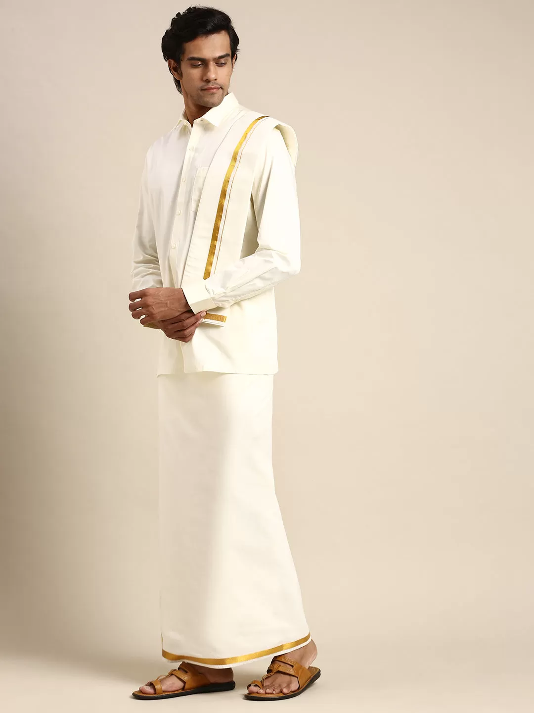 Men Cream Full Sleeves Shirt 1 inch Gold Jari Adjustable Double Dhoti & Towel Combo