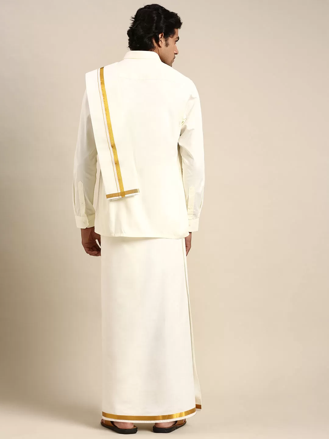 Men Cream Full Sleeves Shirt 1 inch Gold Jari Adjustable Double Dhoti & Towel Combo