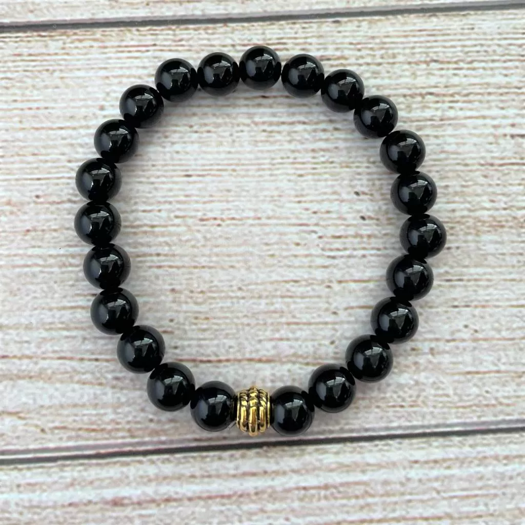 Mens Black Onyx 8mm Beaded Bracelet with Gold Bead