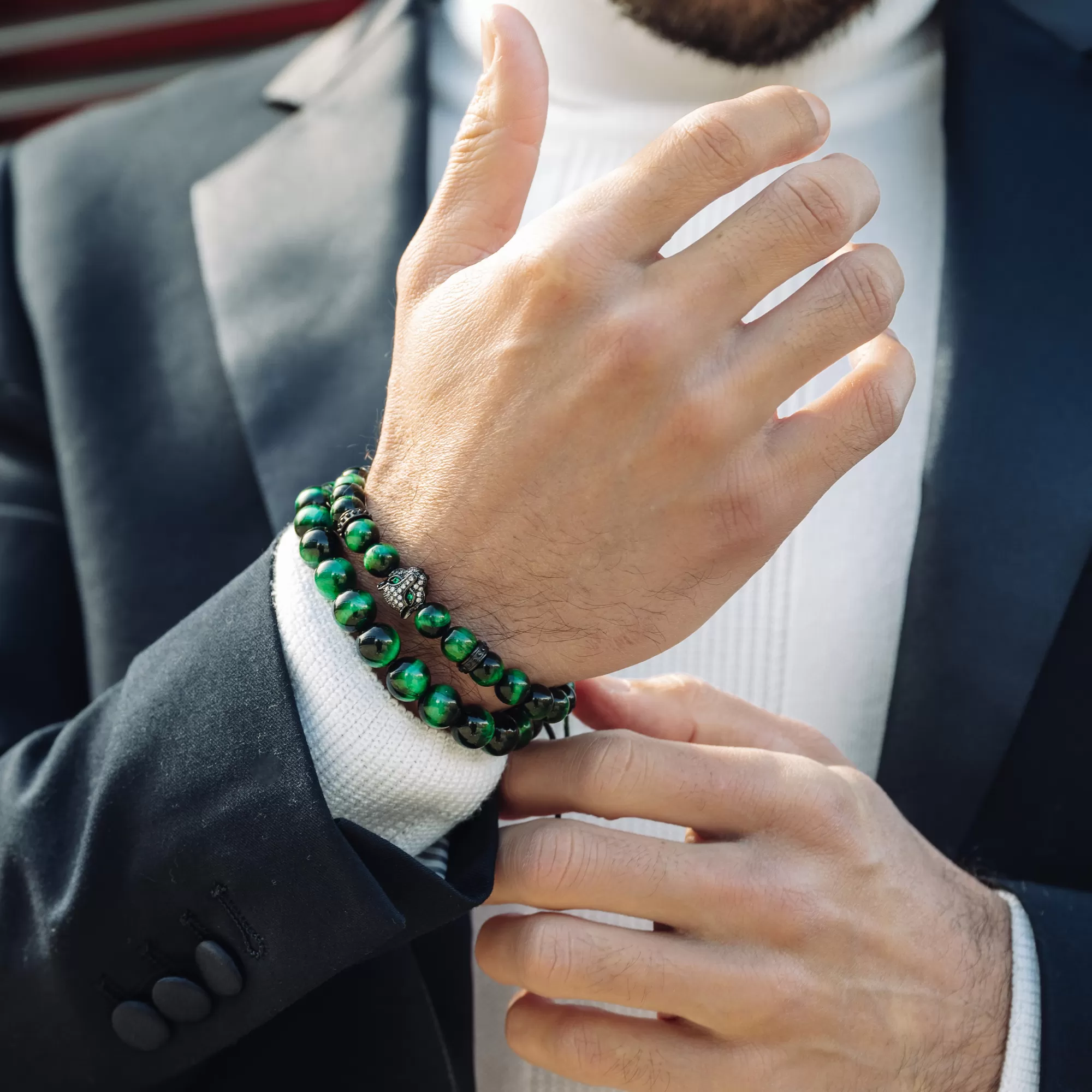 Men's GREEN TIGER EYE Bracelet With Black LEOPARD Head - One Size Fits All