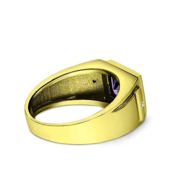 Mens Ring Solid 10K Gold Purple Amethyst 2 Natural Diamonds Fine Ring for Man