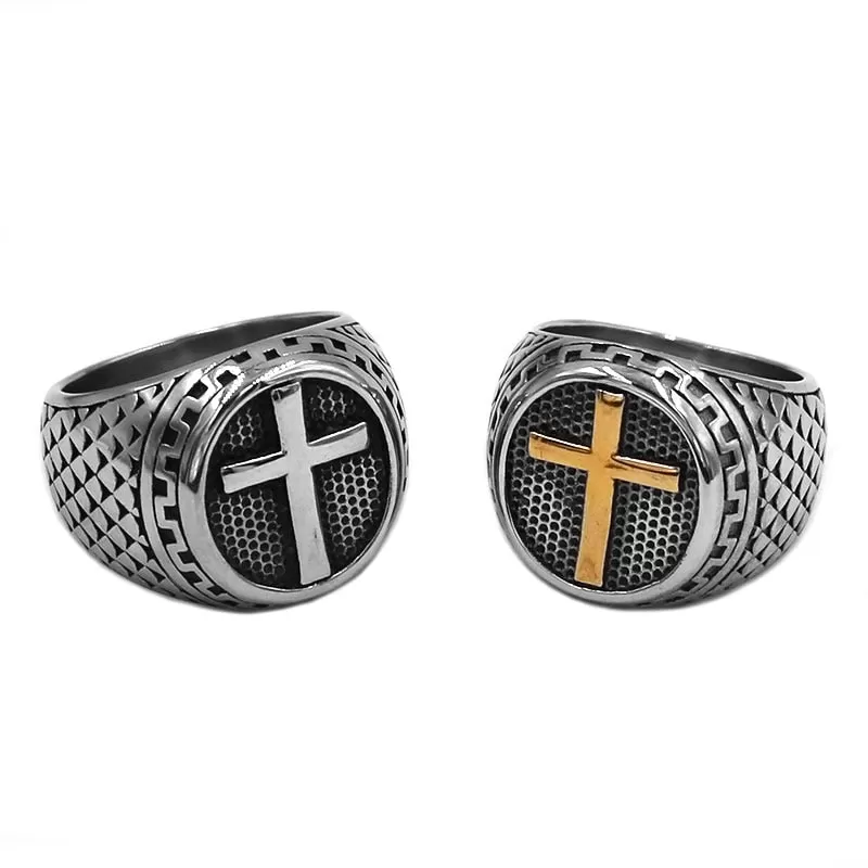 Men's Stainless Steel Textured Raised Cross Religious Ring