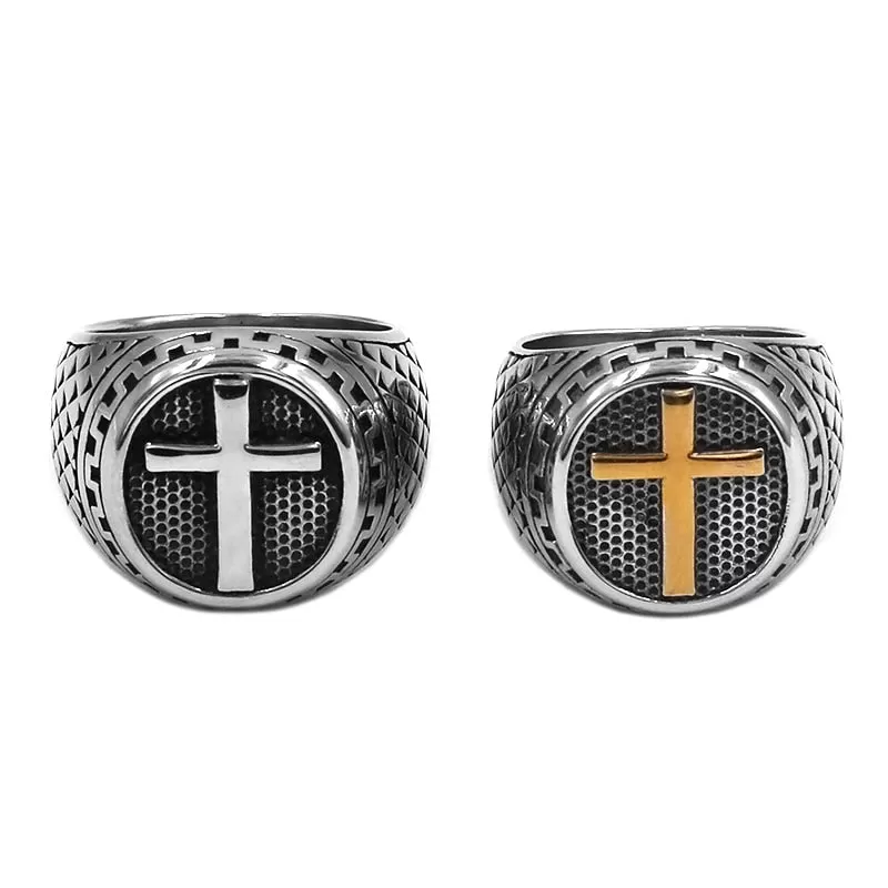 Men's Stainless Steel Textured Raised Cross Religious Ring