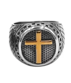 Men's Stainless Steel Textured Raised Cross Religious Ring