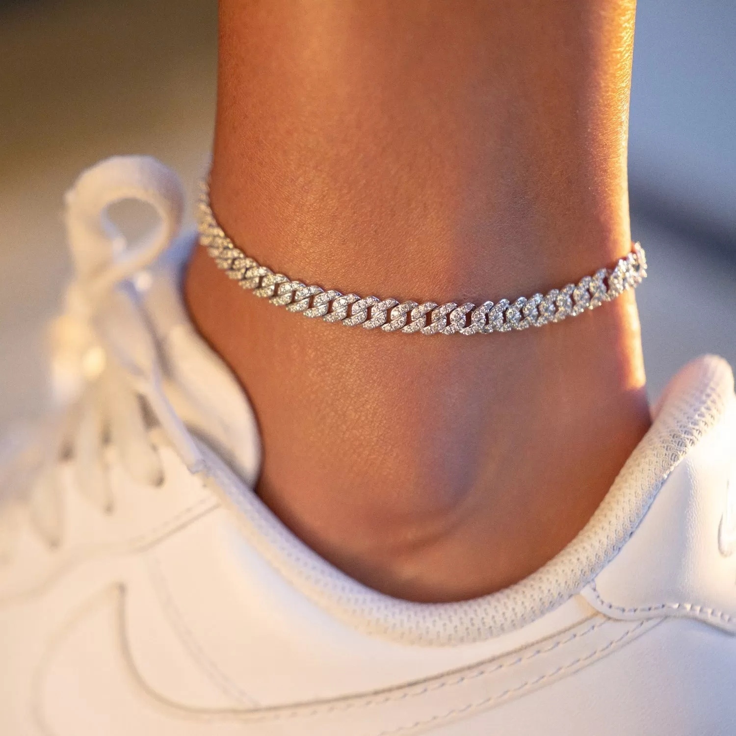 Micro Diamond Prong Cuban Anklet in White Gold - 6mm