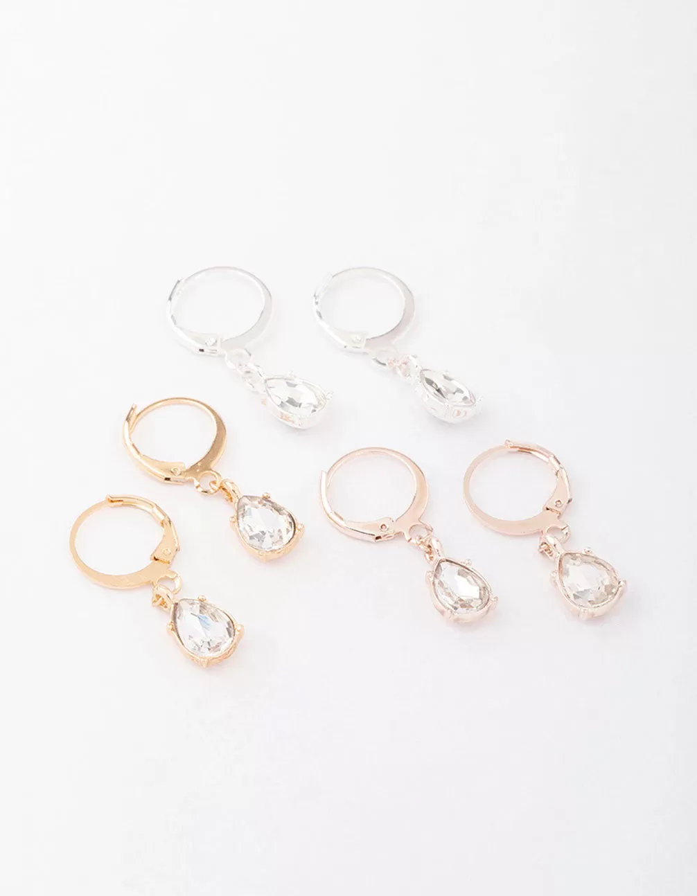 Mixed Metal Drop Pear Diamante Huggie Earring 3-Pack