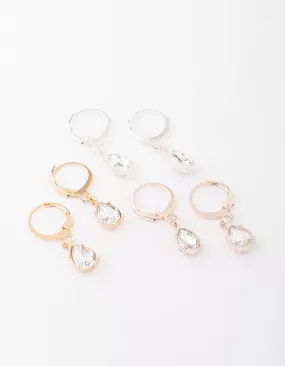 Mixed Metal Drop Pear Diamante Huggie Earring 3-Pack