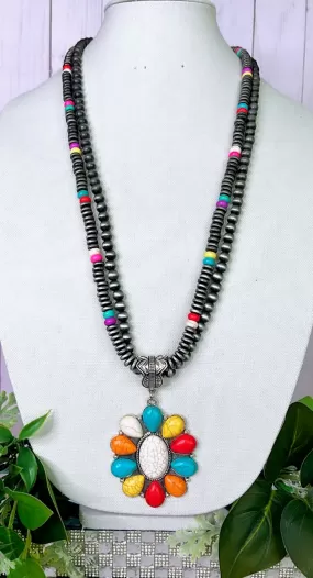 Multi Color Pendant Necklace with silver 3 strand navajo pearls