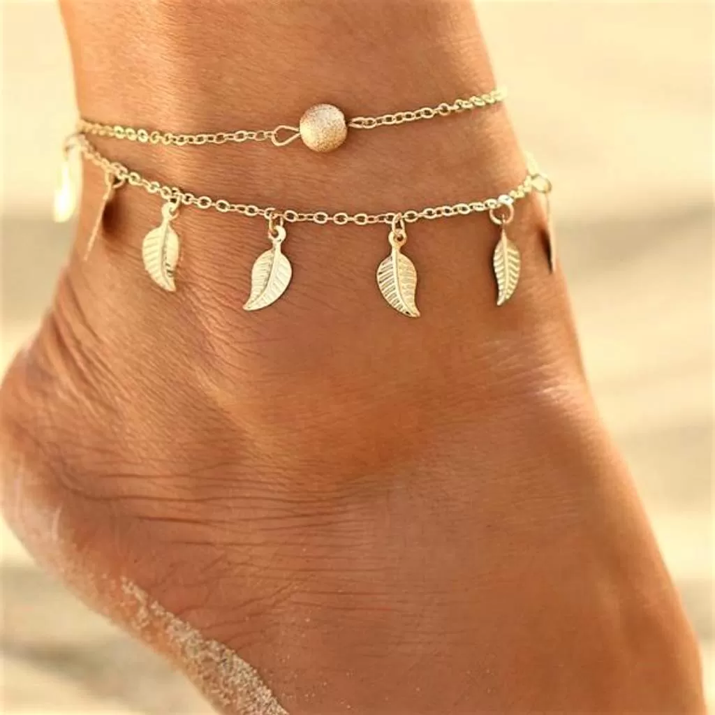 Multi Leaf Chain Anklet in Silver or Gold