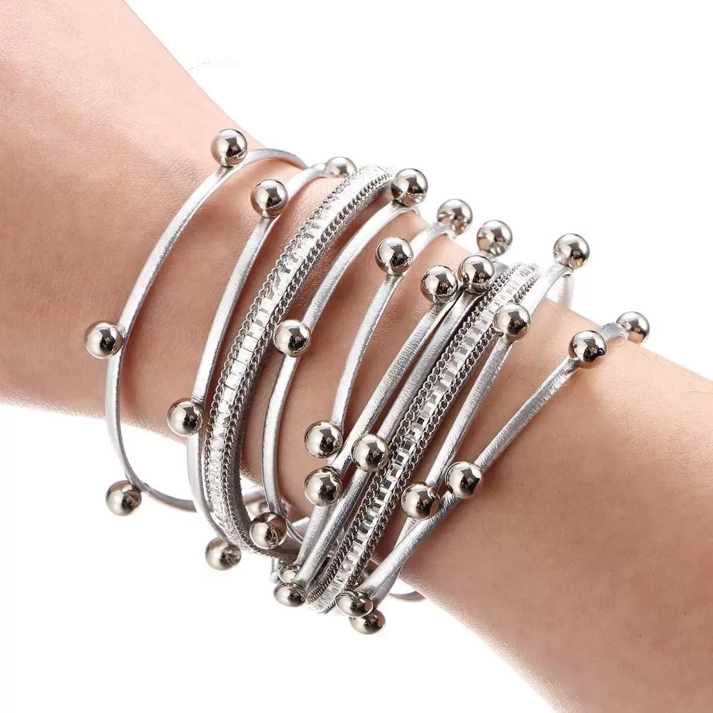 Multilayer Leather Metal Balls Charm Bracelet - 2 Color