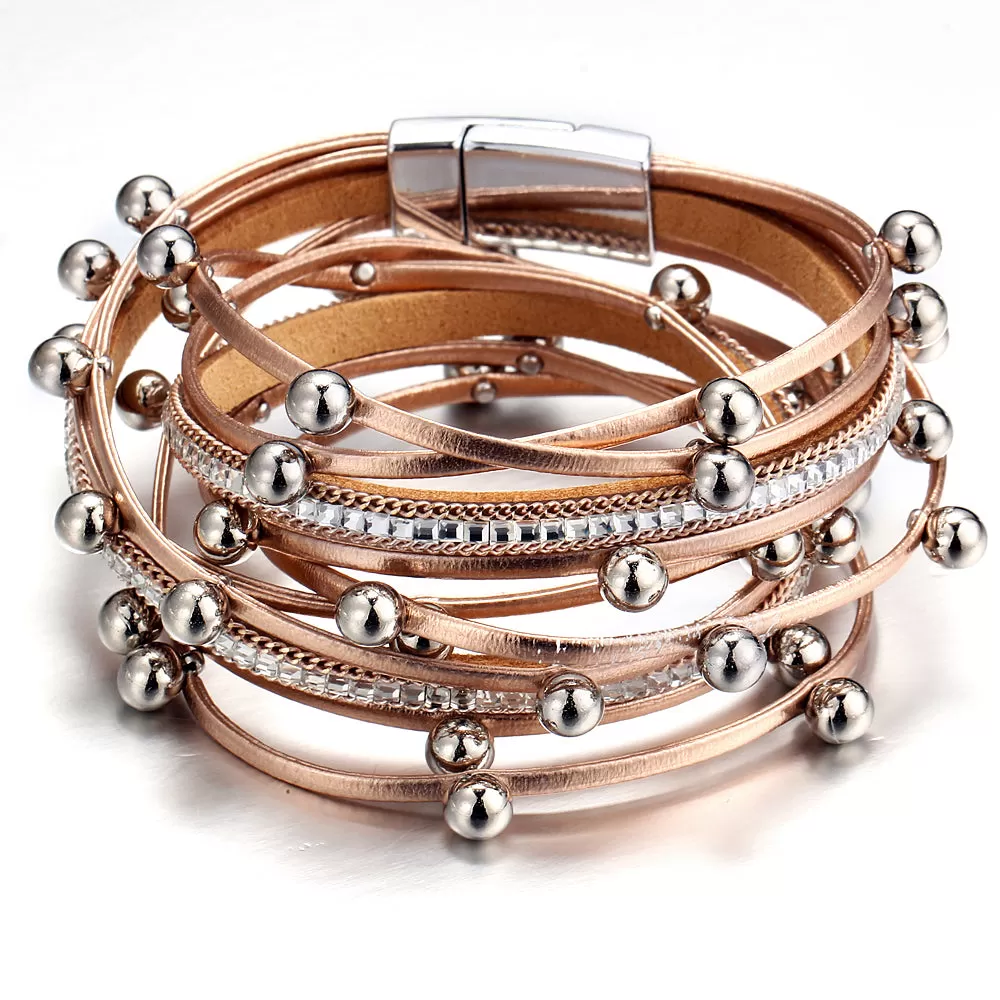 Multilayer Leather Metal Balls Charm Bracelet - 2 Color