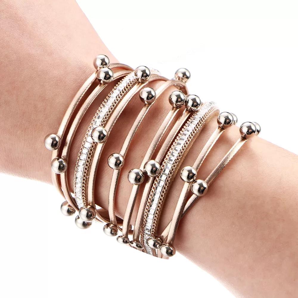 Multilayer Leather Metal Balls Charm Bracelet - 2 Color