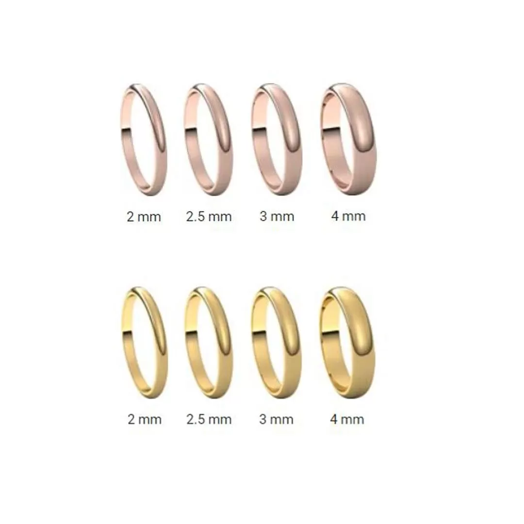 Narrow Domed Yellow or Rose Gold Wedding Band, 2-4mm Width