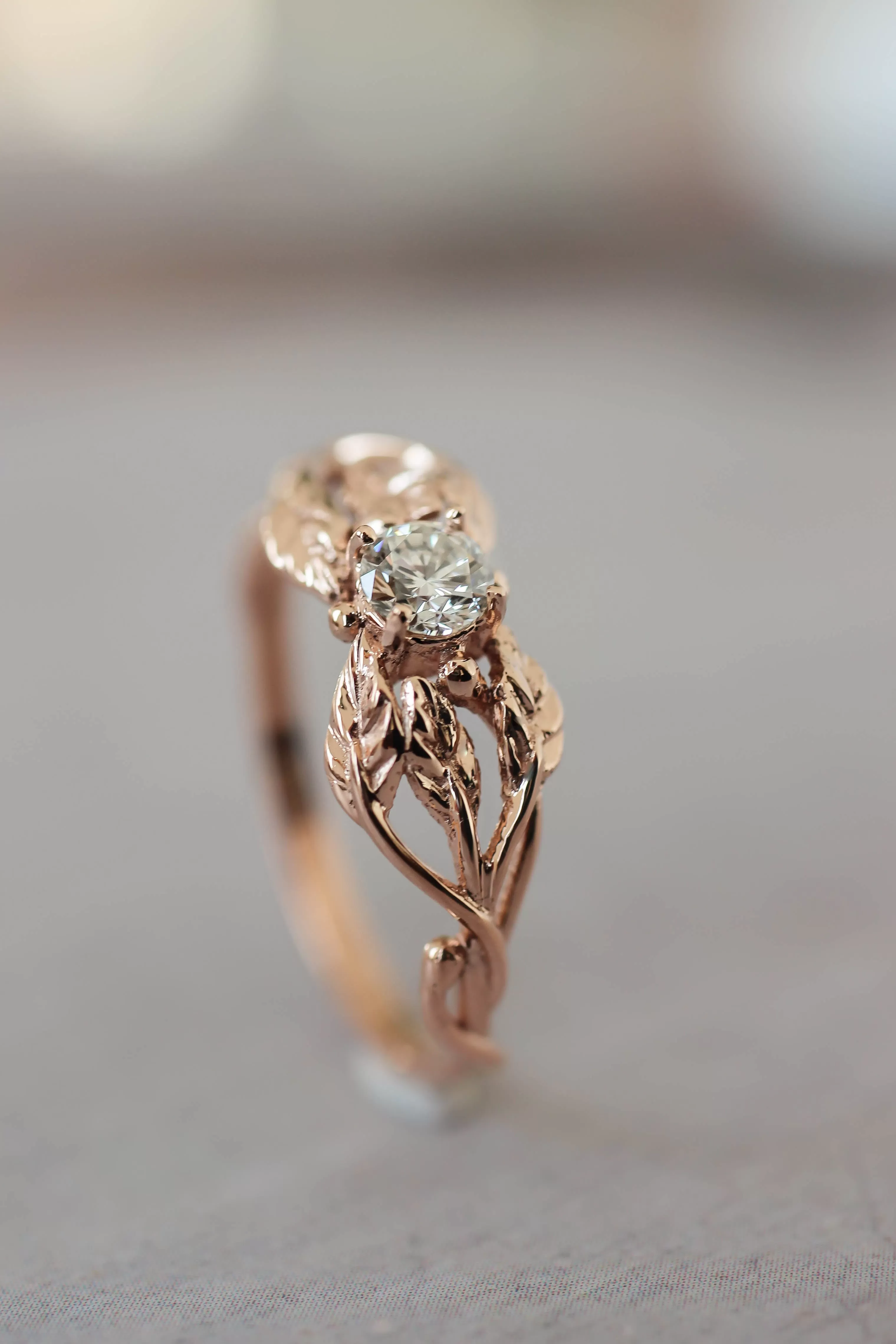 Natural diamond engagement ring, leaf ring / Tilia, 4mm