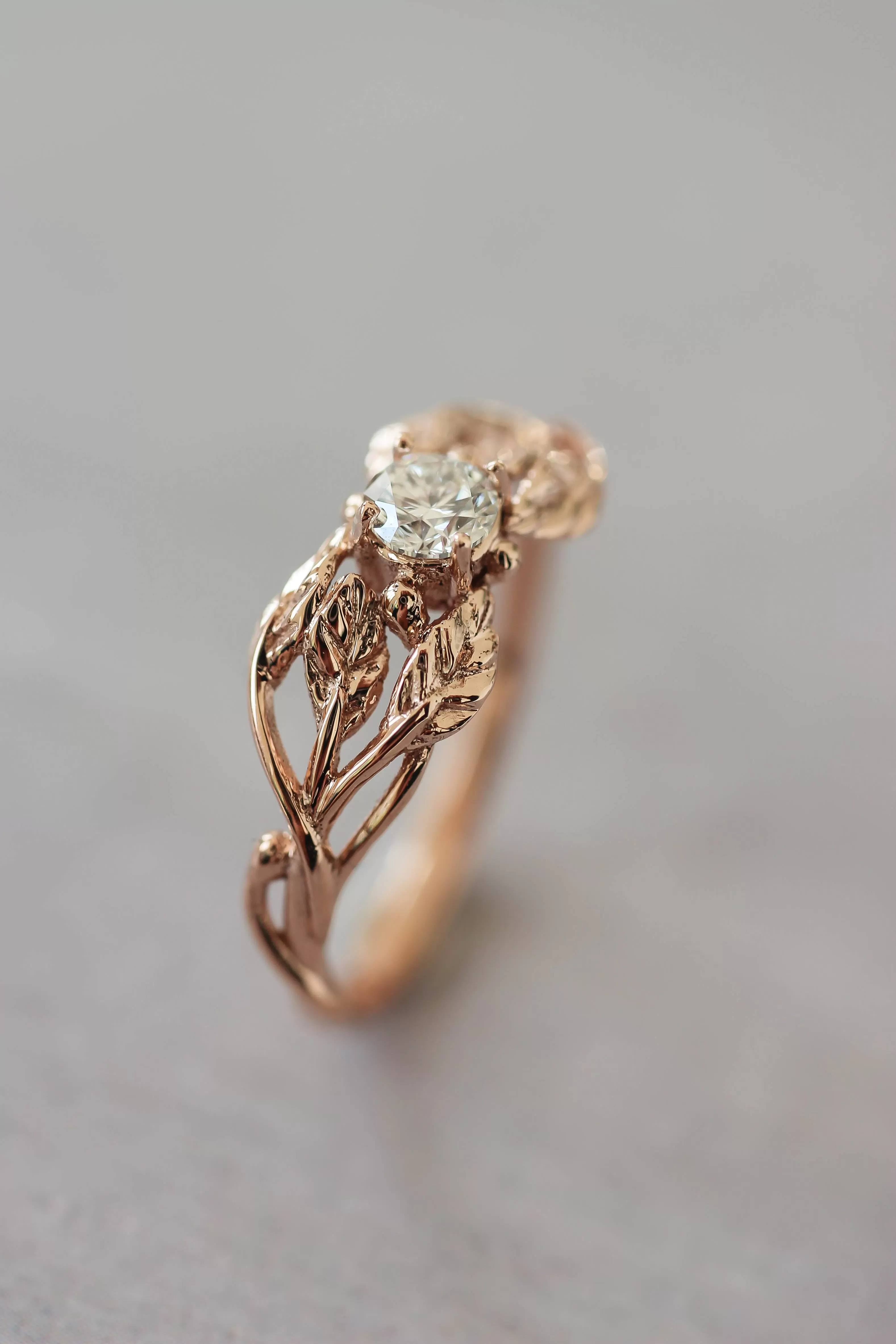 Natural diamond engagement ring, leaf ring / Tilia, 4mm