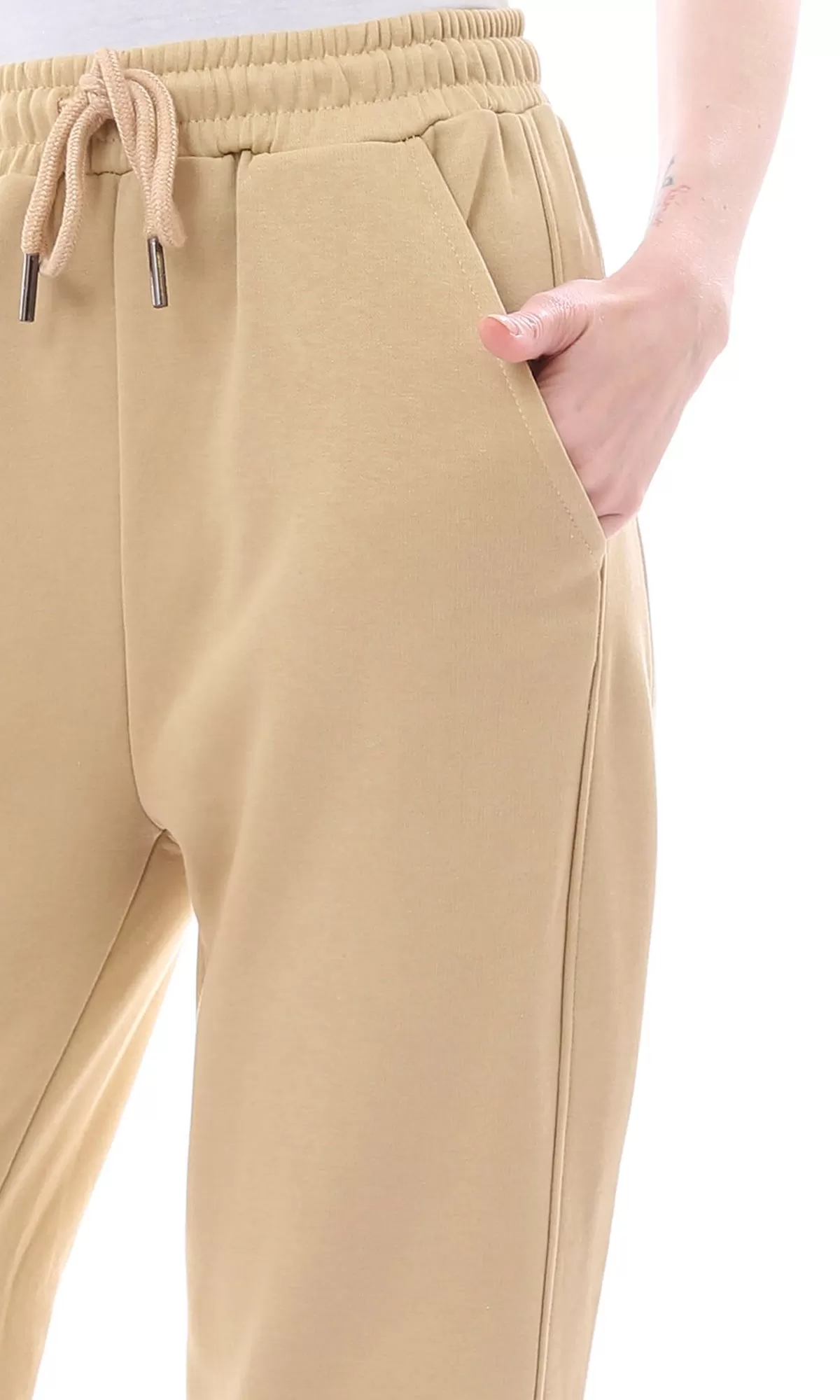 O165842 Dark Beige Solid Cotton Sweatpants With Side Pockets