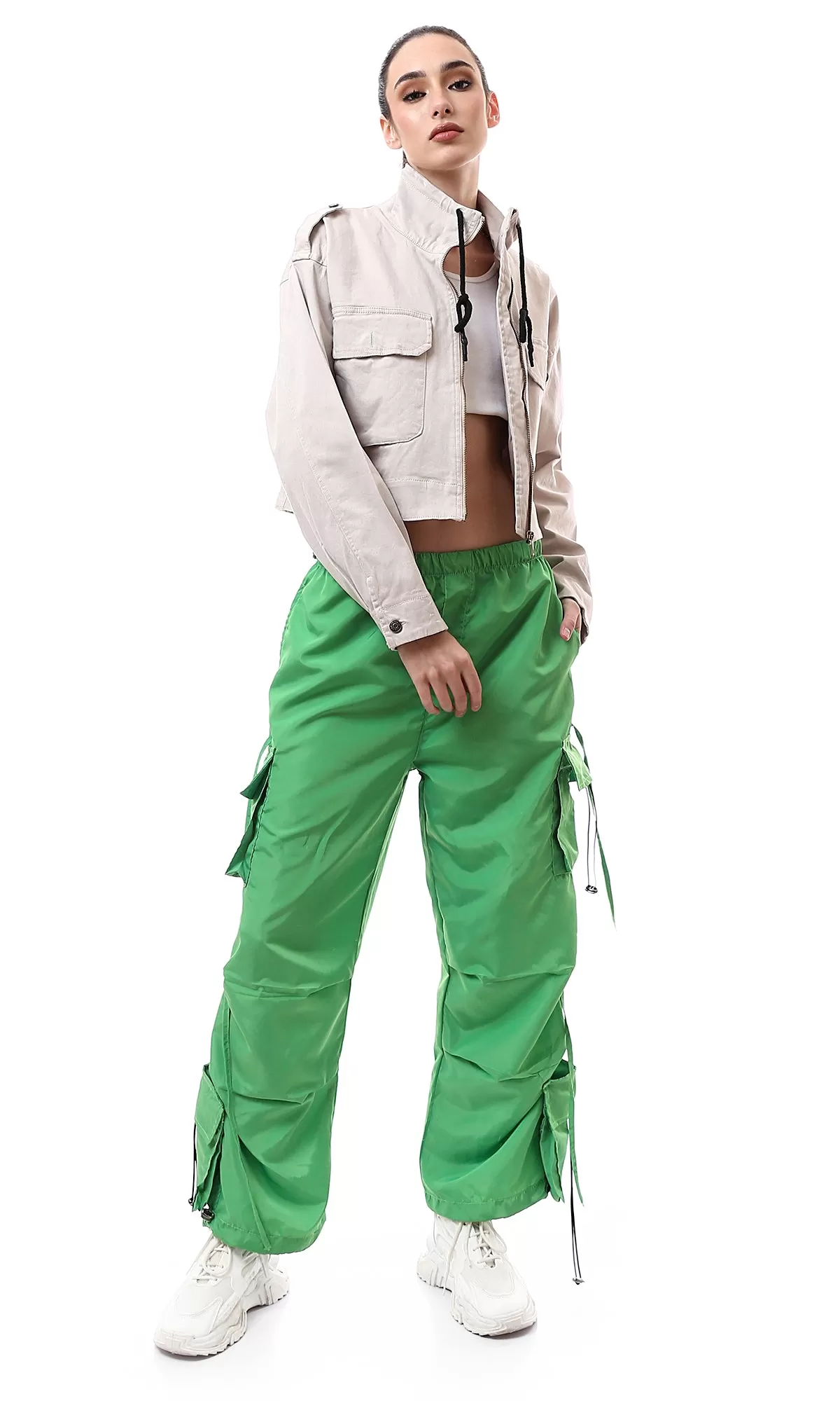 O174051 Slip On Light Green Cargo Pants With Adjustable Toggle