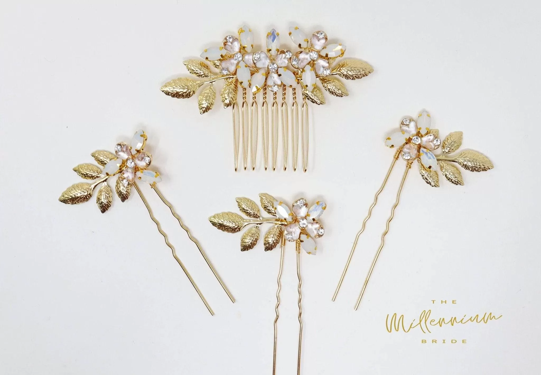 Opal Floral Vine Leaves Hair Comb And 3 Pins Set, Bridal Hair Accessories, Wedding Hair Accessory, Bridal Peach Hair Comb And Pins Set.