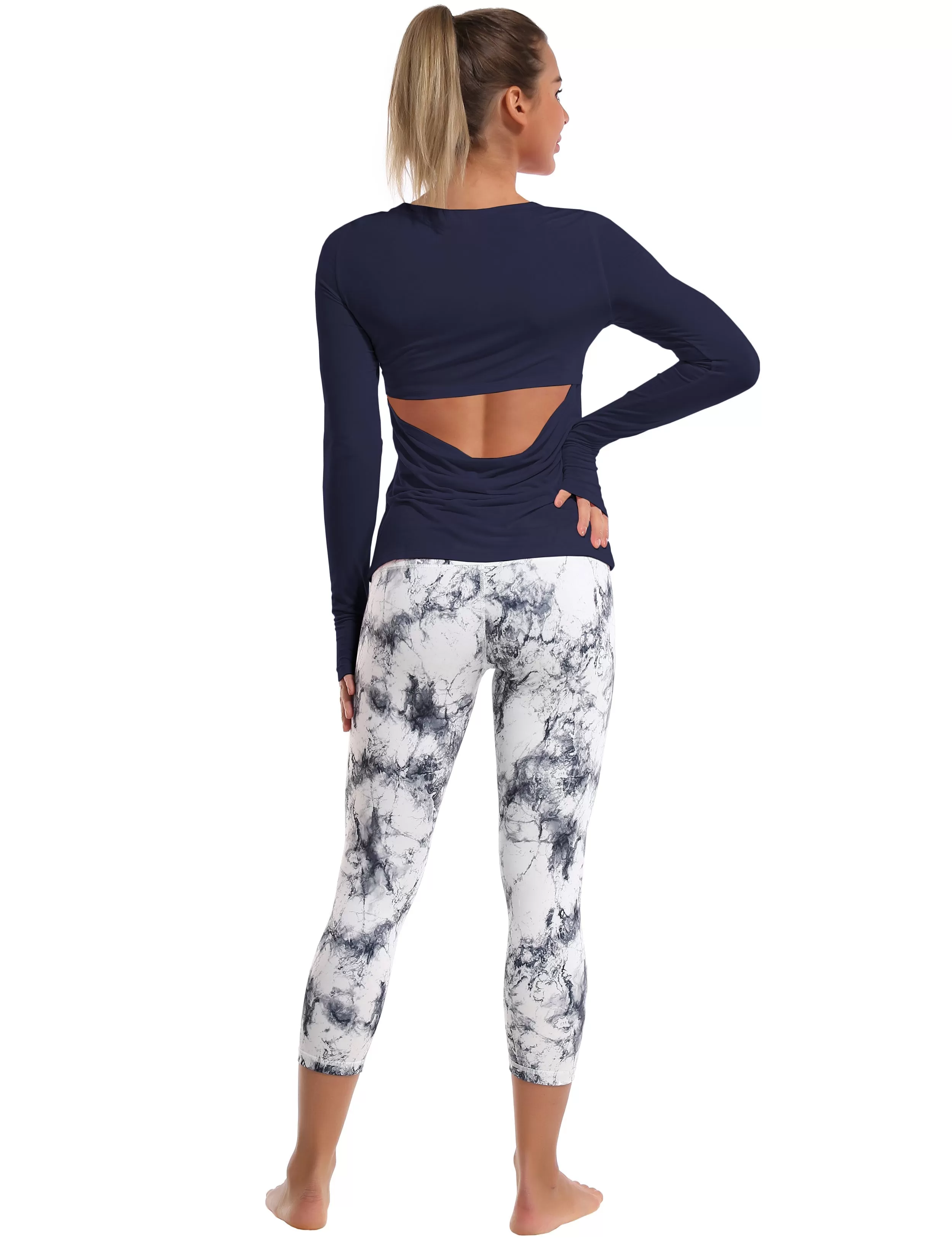 Open Back Long Sleeve Tops darknavy_yogastudio