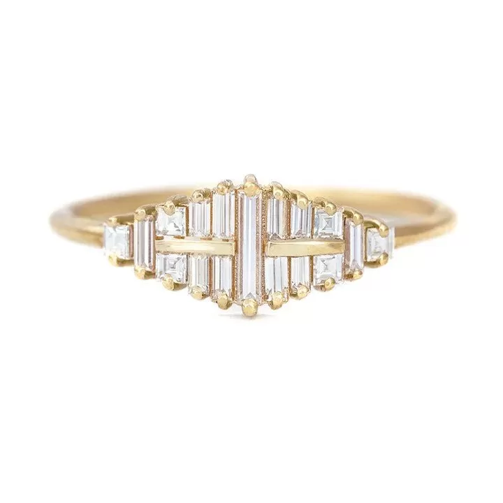 ORDER ONLY: 18K Gold Baguette Diamond Cluster Ring with Bar Details