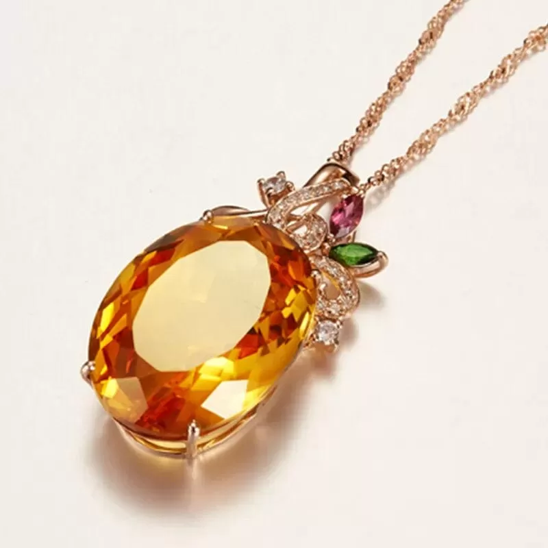 Oval Citrine Gemstone Pendant Classic Rose Gold Necklace