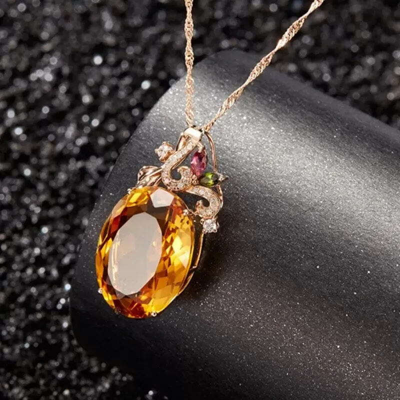 Oval Citrine Gemstone Pendant Classic Rose Gold Necklace