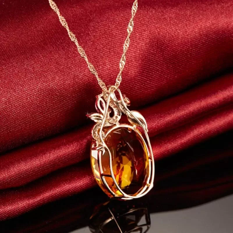 Oval Citrine Gemstone Pendant Classic Rose Gold Necklace